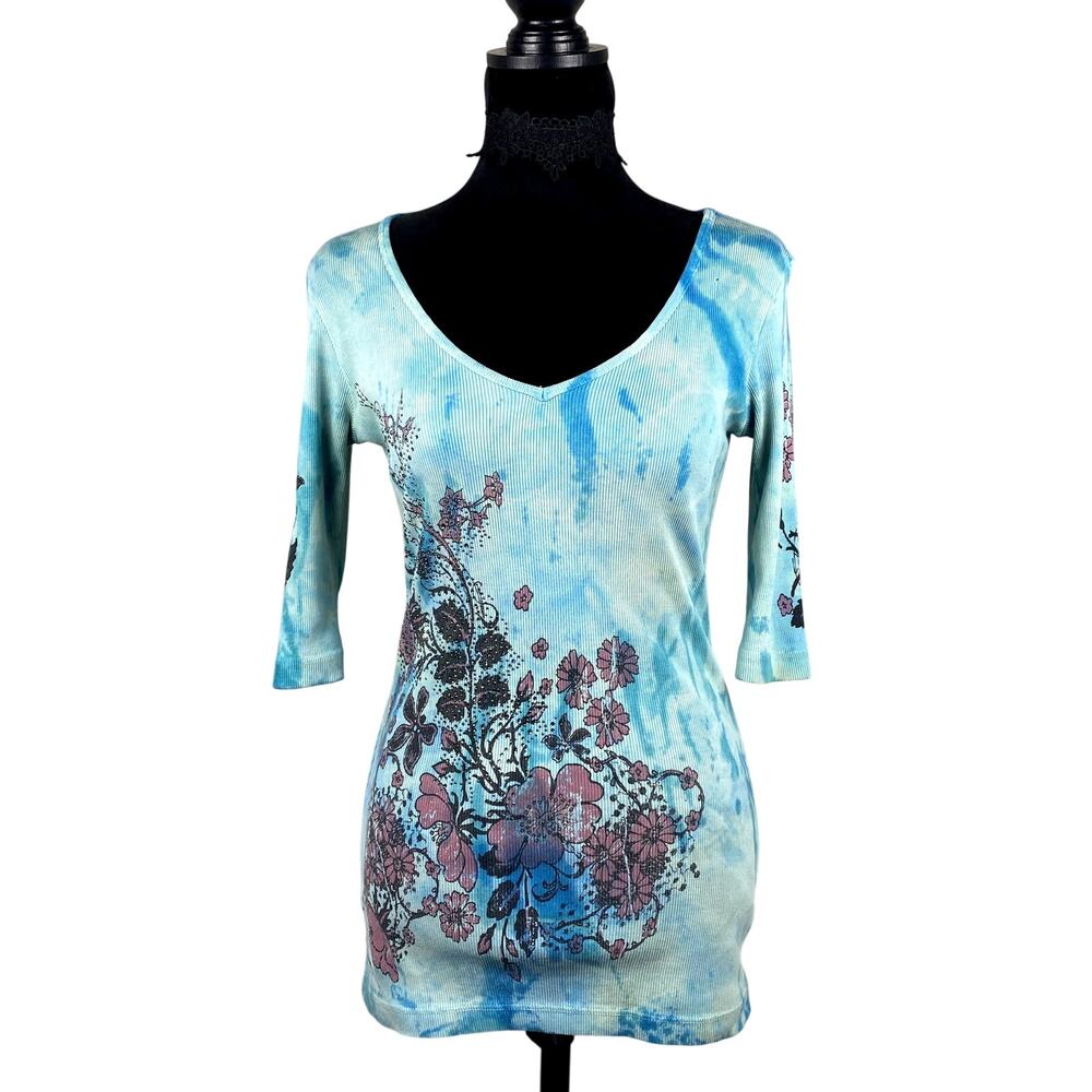 Vtg Y2K 90's Sledge Floral Tie Die V Neck Boho Whimsigoth Burnout Thermal Top M